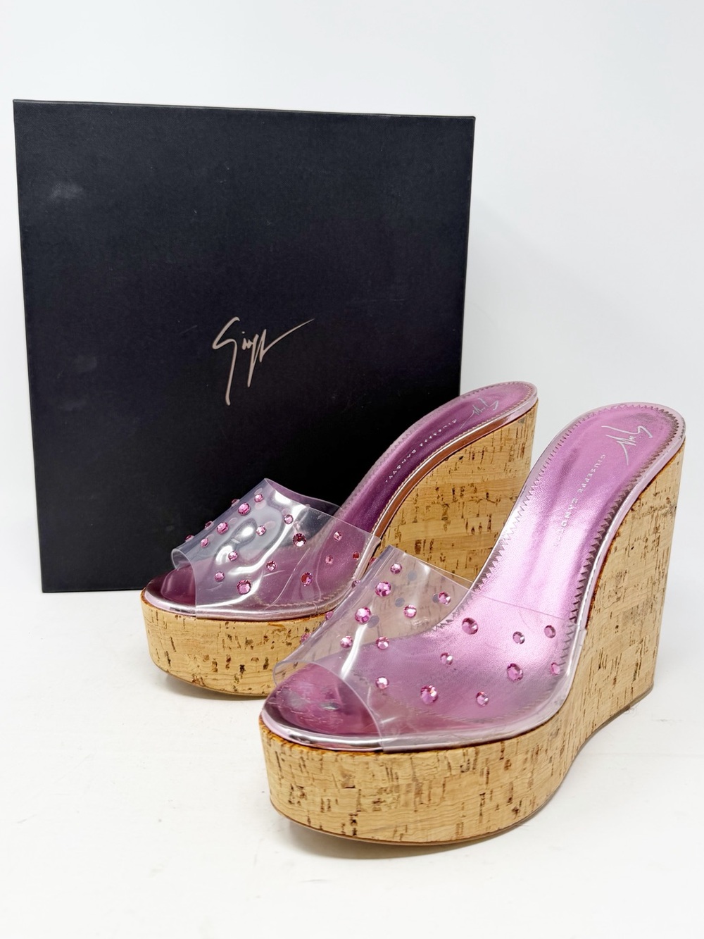Giuseppe Zanotti Pink Rhinestone Cork Wedge Slide Sandals Womens Size EU 39 - Picture 2 of 12